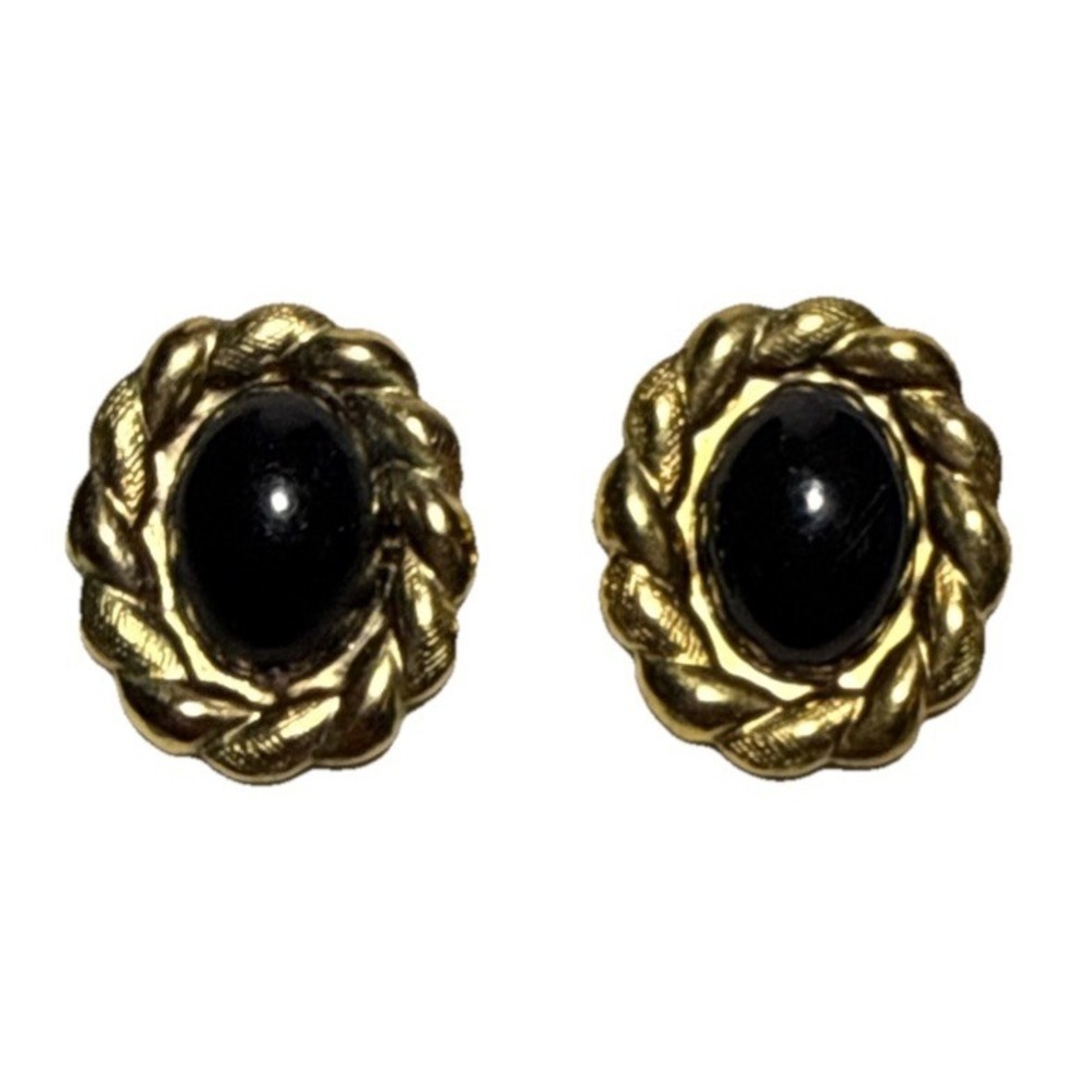 Vintage‎ Black And Gold Tone Small Oval Stud Earrings J18-35